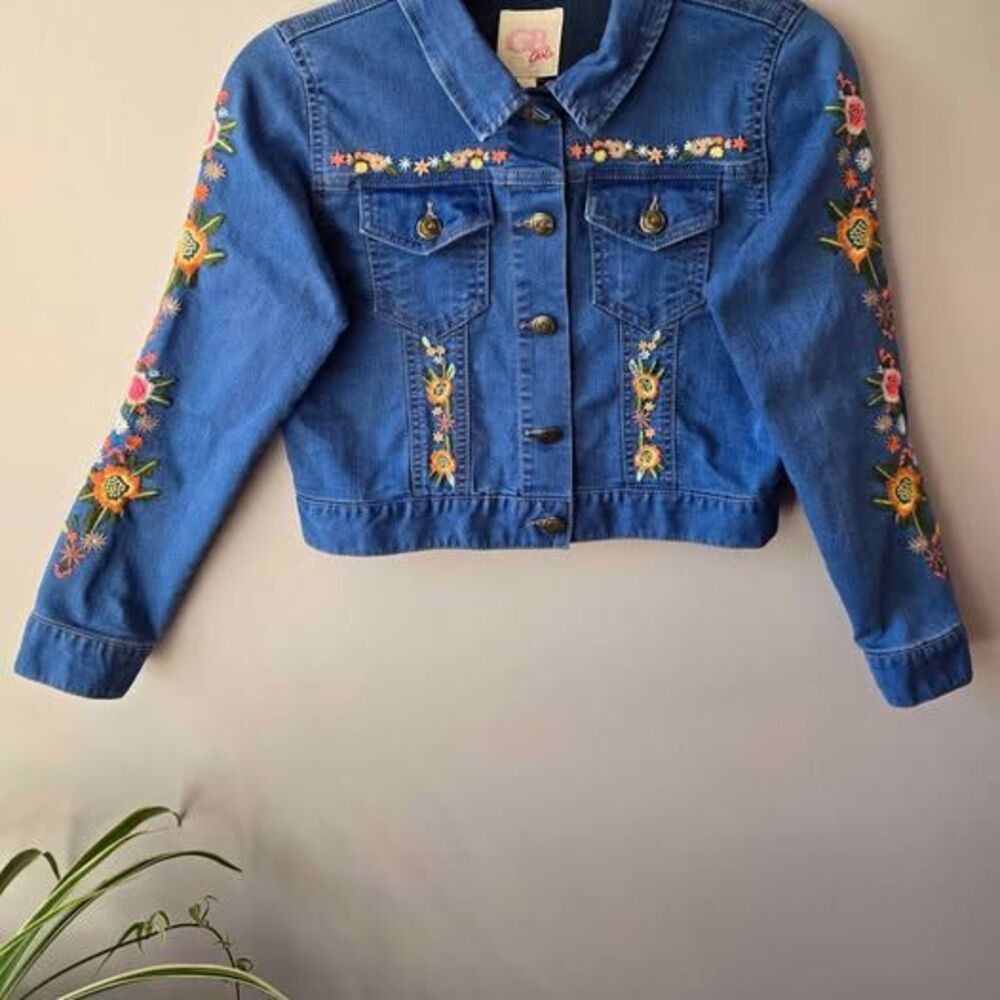 GB Girls Embroidered Denim Jacket - Floral Boho/Cottagecore Style - Girls XL